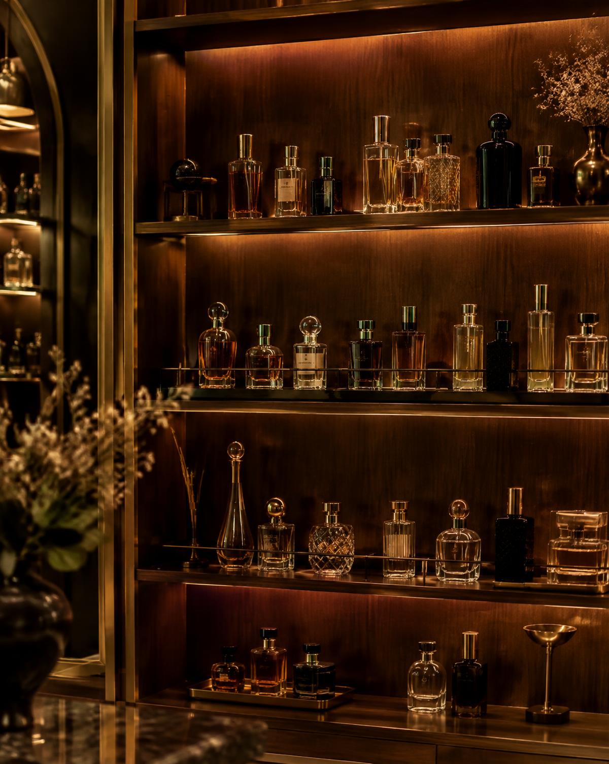 Perfume bottles on illuminated boutique shelves